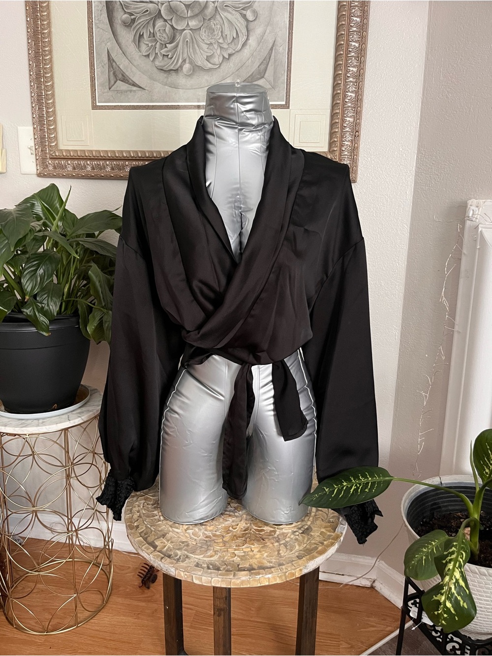Black Draped Tie-Front Women's Top